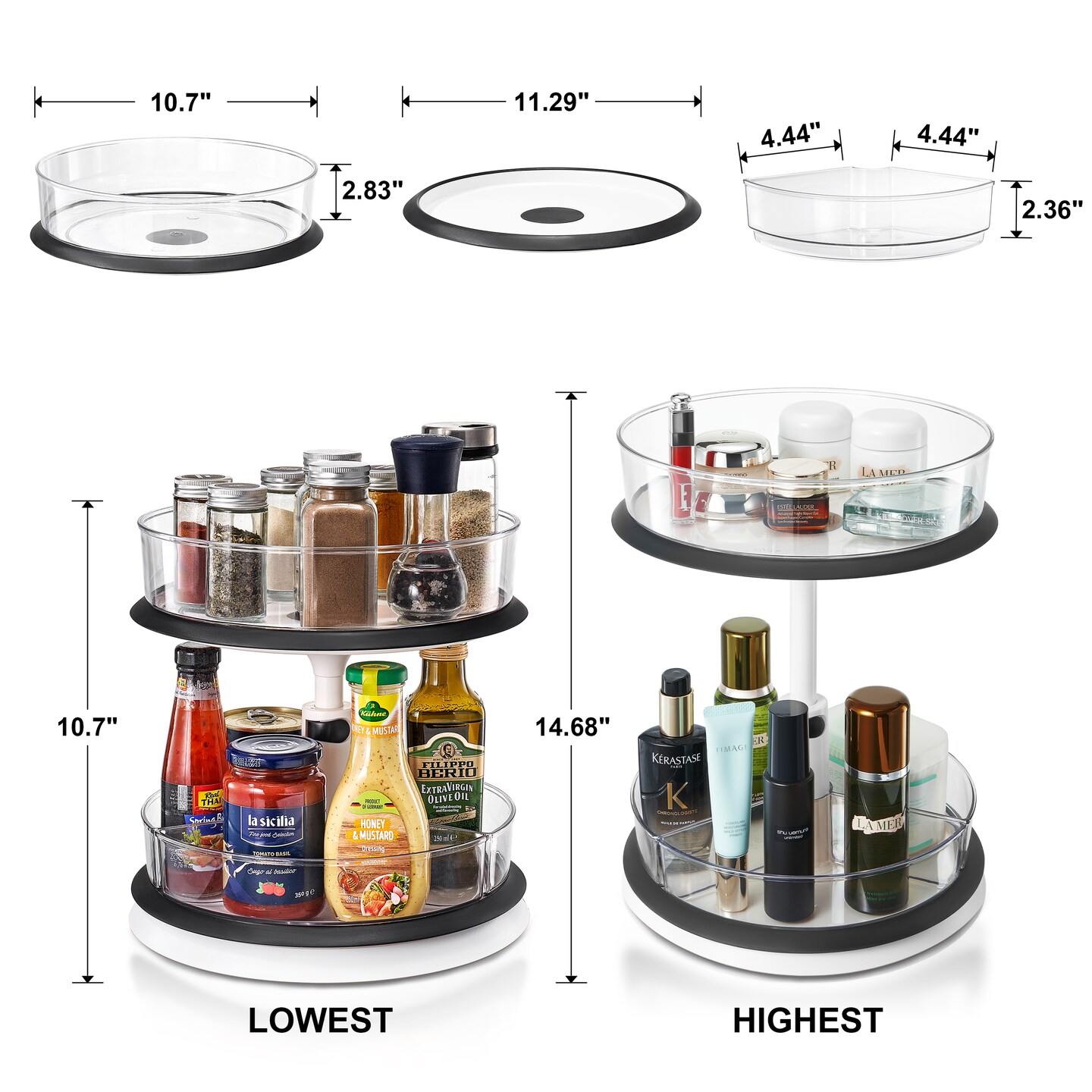 Sorbus 2-Tier Clear Lazy Susan Turntable Organizer - 360&#xB0; Rotating Spice Rack with Non-Slip Base