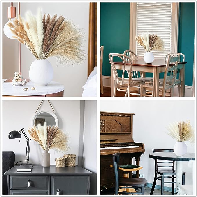 Dried Pampas Grass Decor, 100PCS Pampas grass contains bunny tails. Dried Flowers, Reed Grass Bouquet for Wedding Bohemian Flowers Home Table Decor, Rustic Farmhouse Party (White and Brown)