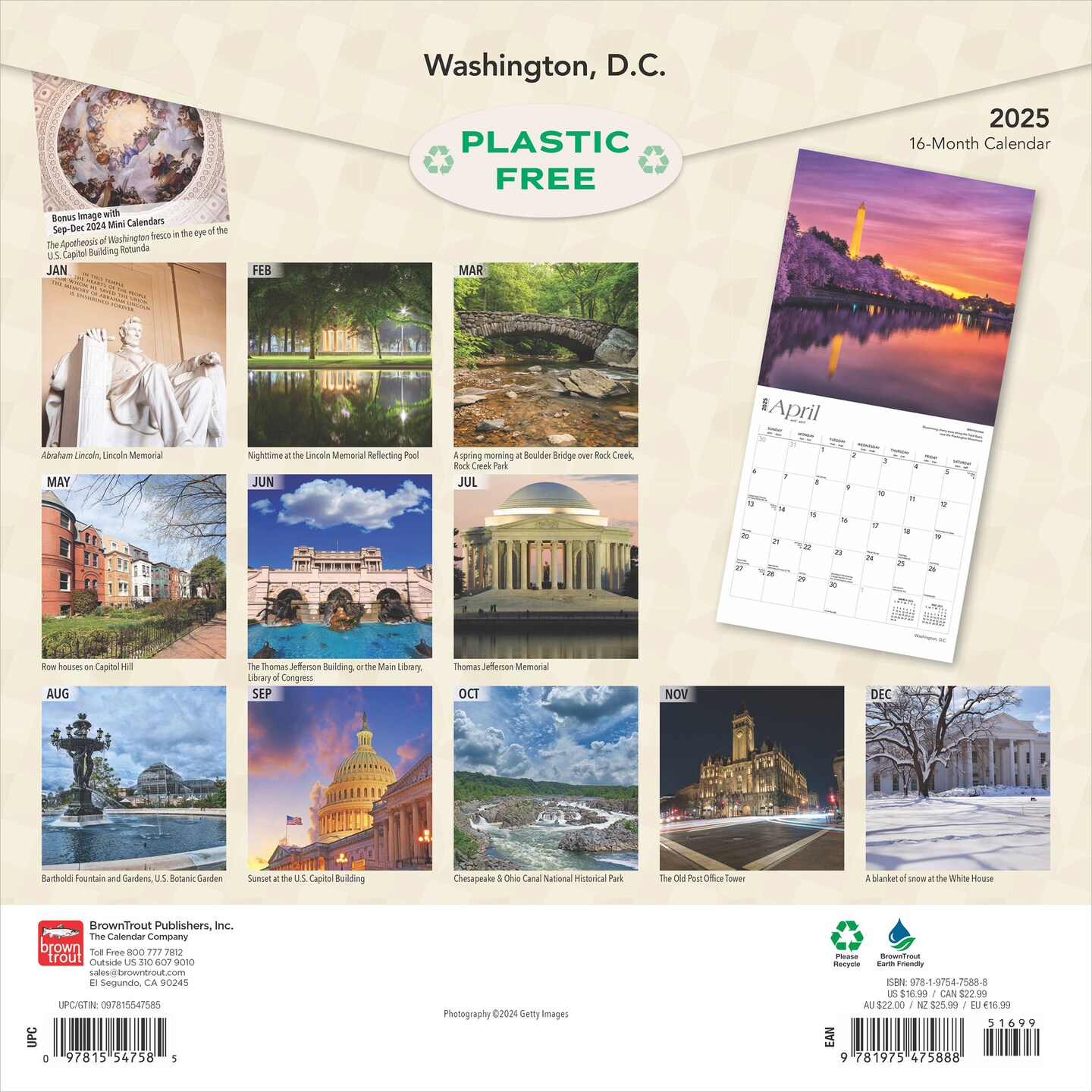 Washington D.C. | 2025 12 x 24 Inch Monthly Square Wall Calendar | Plastic-Free | BrownTrout | USA United States of America Capital Northeast City