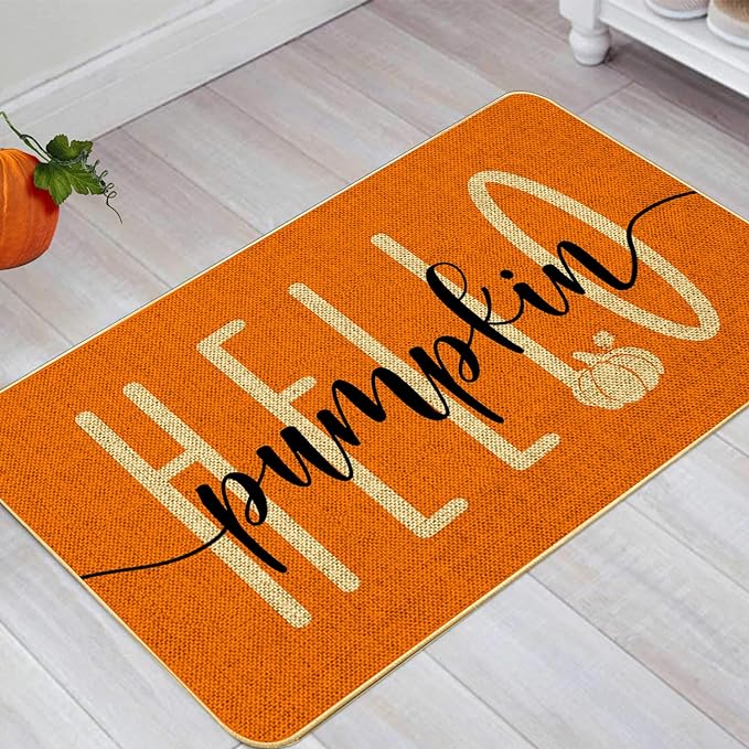 Hello Pumpkin Door Mat Welcome Decorative, Autumn Thankful Pumpkin Farmhouse Outdoor Indoor Patio Entrance Door Mats Low Profile Non Slip Outside Inside Floor Mat Rugs for Home Decor. 29x 17 Inch