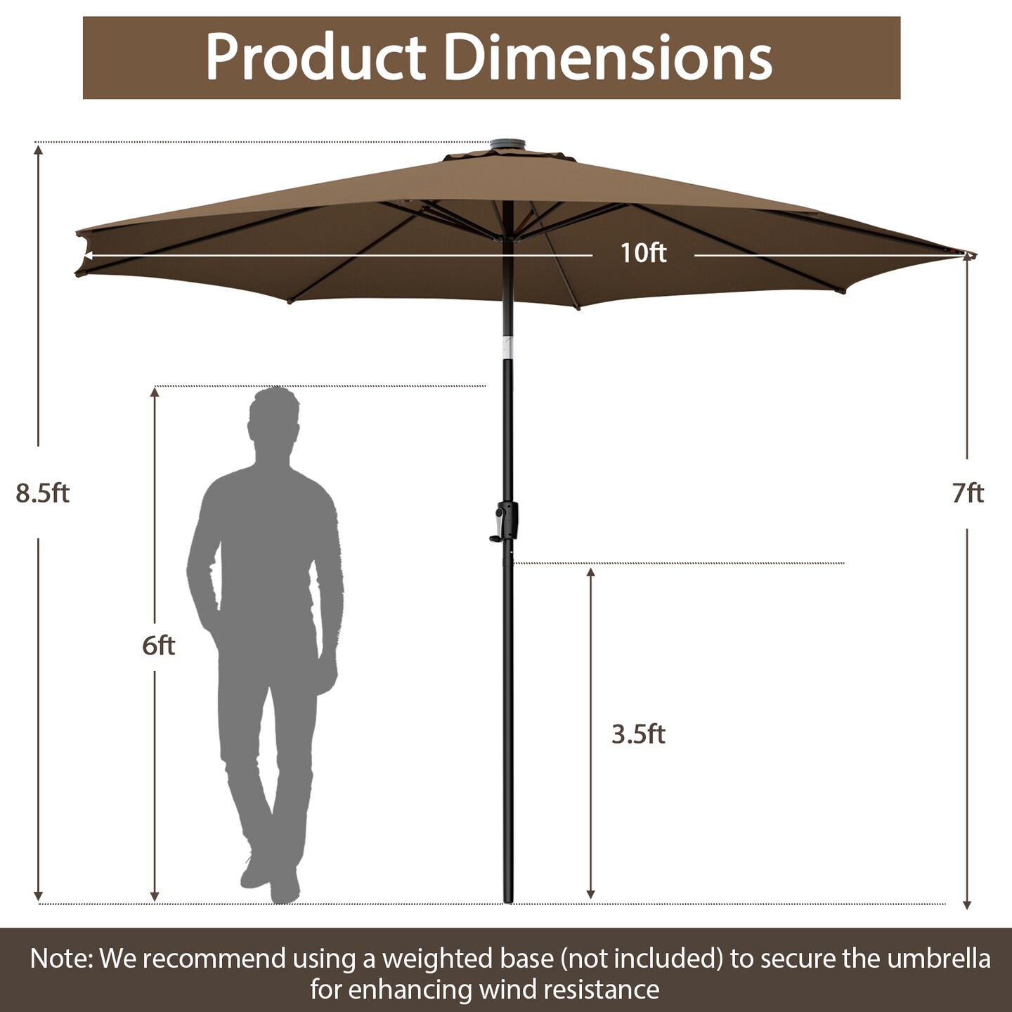 Costway 10 FT 112 LED Solar-Lighted Patio Table Market Umbrella Crank Tilt Outdoor Beige/Coffee/Navy/Wine