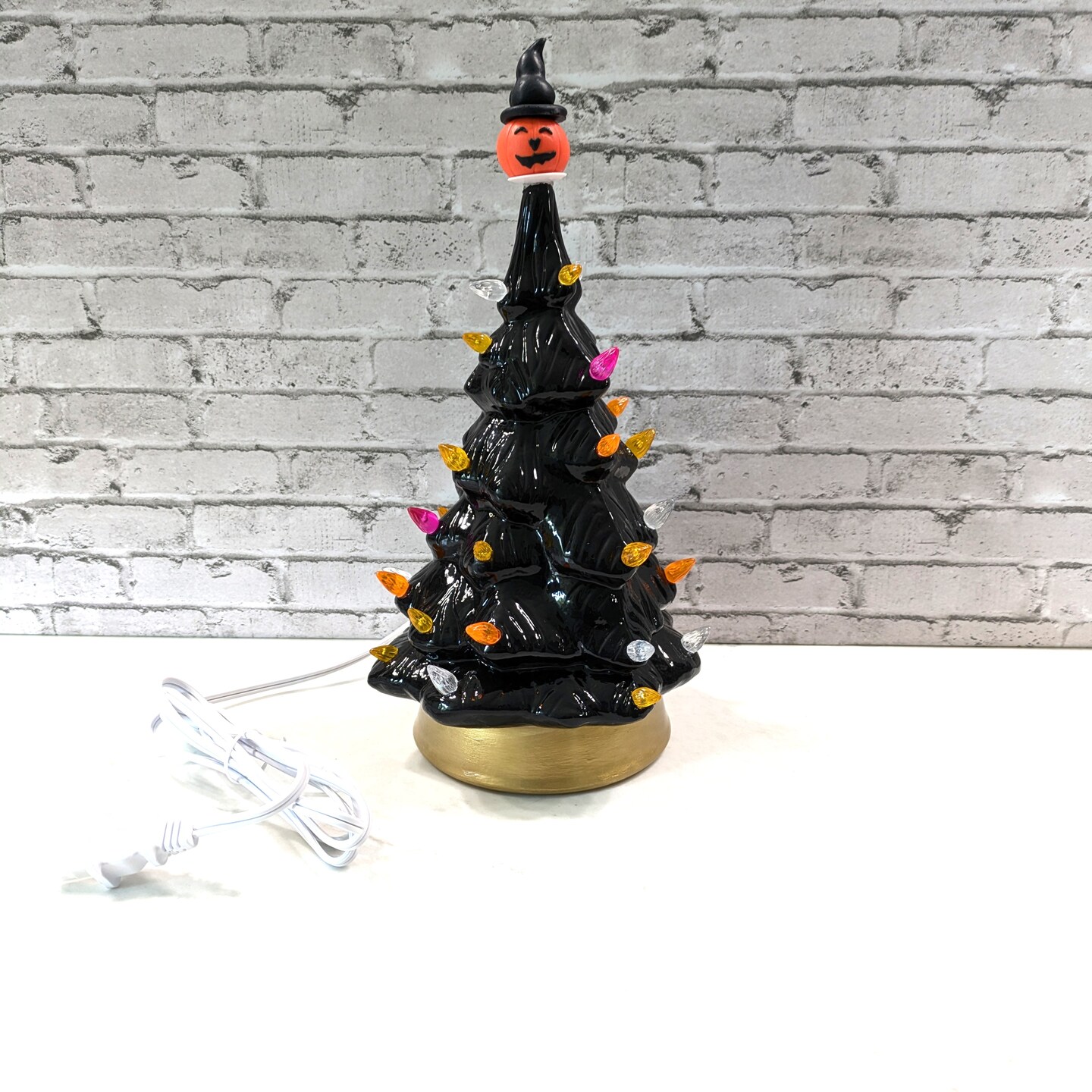 Black Ceramic Lighted Halloween Tree with Pumpkin Topper