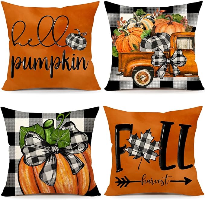 Fall Pillow Covers 18x18 Set of 4 for Thanksgiving Buffalo Check Farmhouse Decorations Orange Pumpkin Outdoor Autumn Farm Truck Pillows Decorative Throw Cushion Case for Home Decor, S23F22