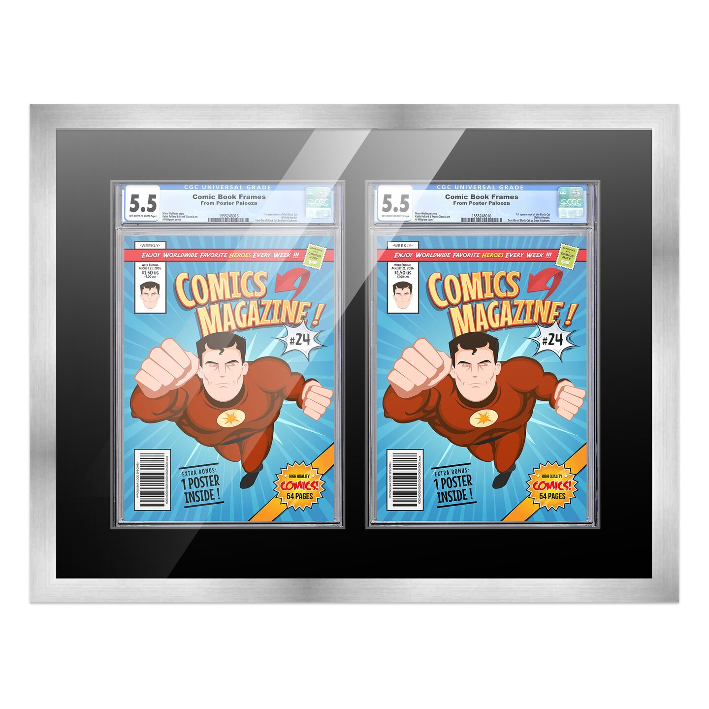 Comic Book Display Frame for CGC, PGX Graded, Slabed Comics - Silver Wood Comic Frame With Black Mat for 8.125x13 Comics, 18 Frame Sizes