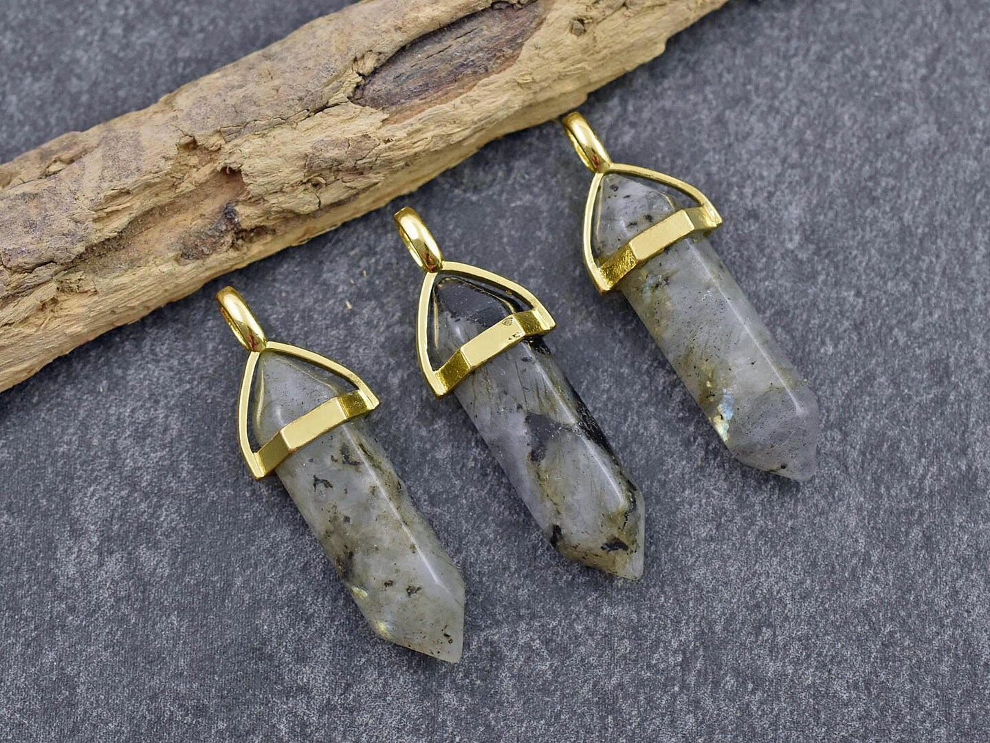 40mm Gold Tone Natural Labradorite Double Terminated Bullet Pendant
