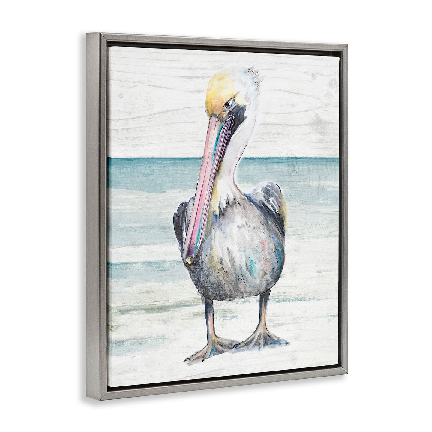 Stupell Industries Pelican Bird Standing on Beach Framed Floater Canvas Wall Art