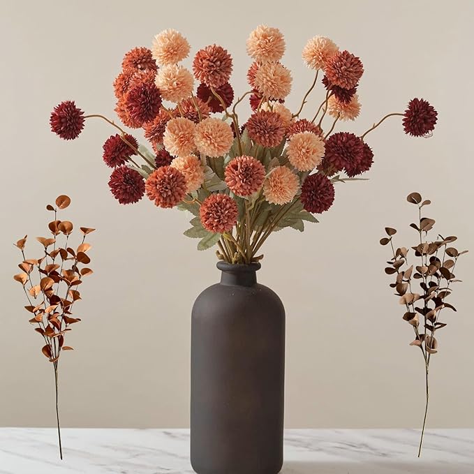 Burnt Orange Faux Kiku Flower 10 Stems + 18 Brown Eucalyptus Stems, Assorted Artificial Silk Mums Autumn Flowers, Mini Fake Chrysanthemum Flowers, Faux Stems Artificial