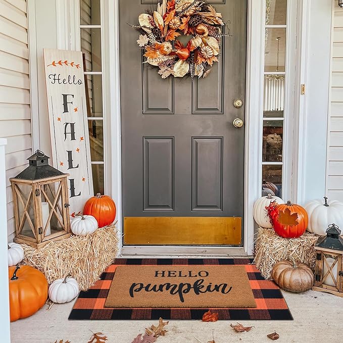 Fall Decor Doormat Combo Set, 100% Coco Coir Welcome Mat + 28 x 43&#x22; Orange and Black Plaid Rug - Fall Thanksgiving Front Porch Entryway Decor Floor Mat, Indoor Outdoors Autumn Mats Hello, Pumpkin.