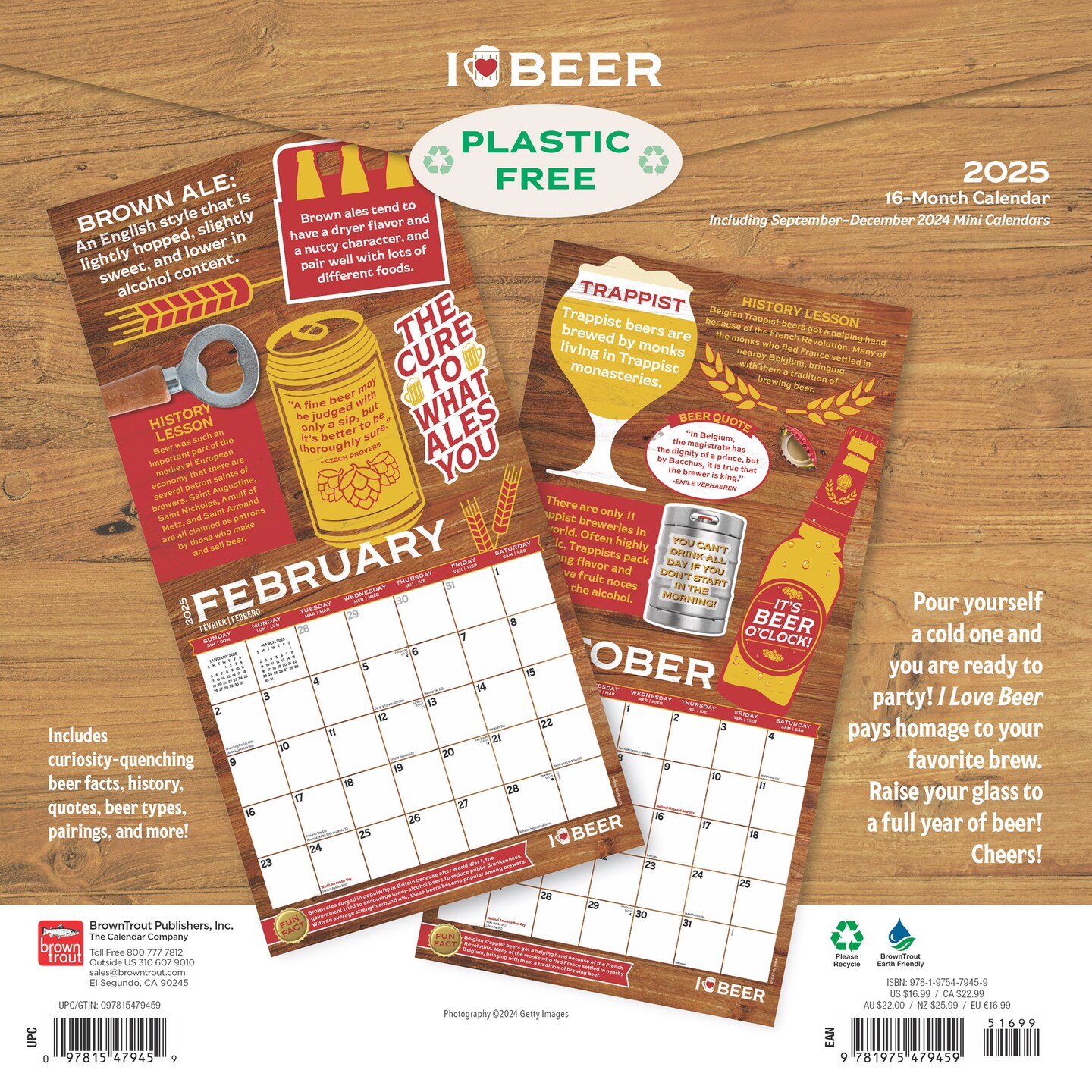 I Love Beer | 2025 12 x 24 Inch Monthly Square Wall Calendar | Plastic-Free | BrownTrout | Fun Humor Drinks