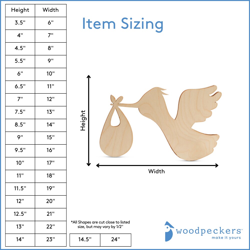 DIY Stork Cutout 1/4 inch Thick, Multiple Sizes, Pregnancy/Baby Announcement Decor | Woodpeckers