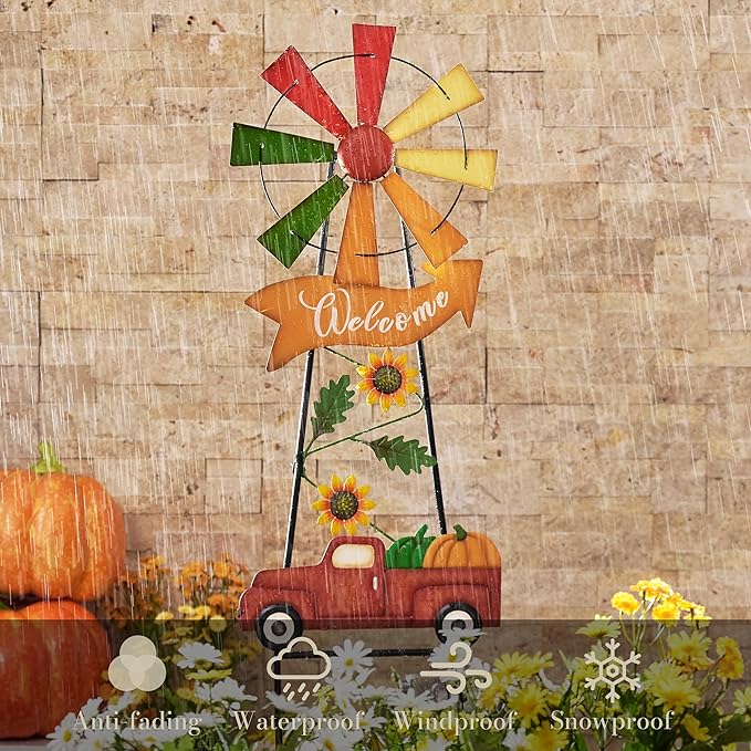 Fall Windmill Decor for Outdoor, Wind Spinner with Metal Pumpkin Sign for Yard Decorations, Harvest Car Welcome for Thanksgiving Decorations, Autumn Outdoor Decor, Patio 35&#x22;