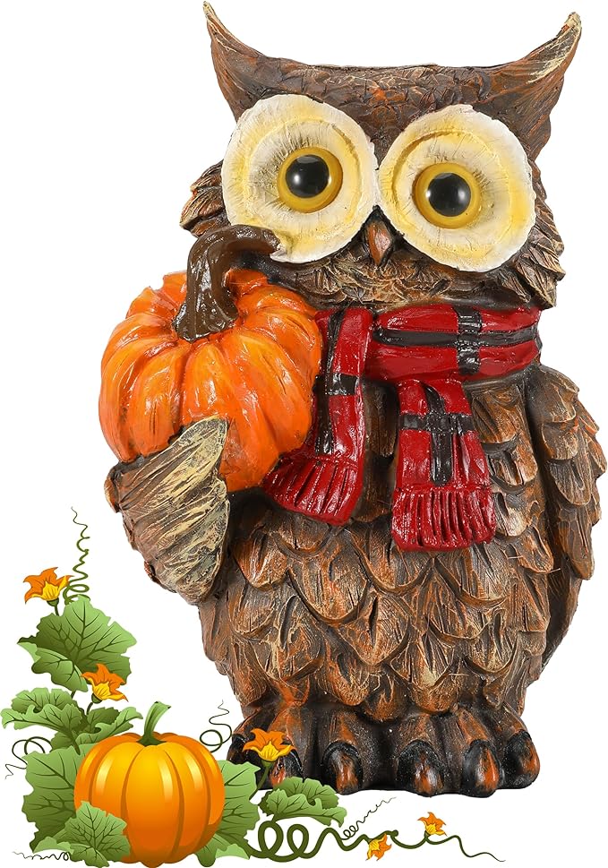 Fall Harvest Owl Ornaments - 7&#x22; Resin Craft with Red Scarf and Pumpkin for Thanksgiving Table Decorations Centerpieces Owl decor for shelves, desks, homes, offices, and gardens.