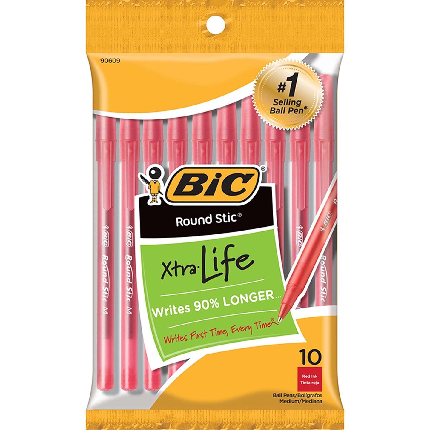 Round Stic&#xAE; Xtra Life Ballpoint Pen, Medium Point (1.0mm), Red, Pack of 10