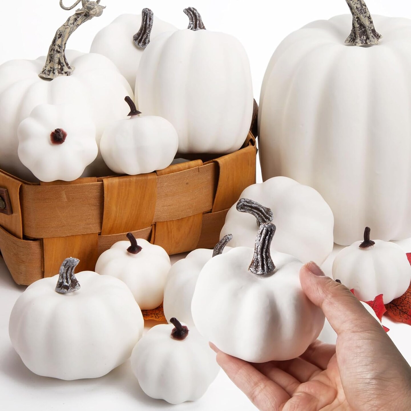 16 Artificial White Pumpkins, Assorted Sizes Fake Faux Rustic Harvest Farmhouse Pumpkins for Halloween, Thanksgiving, Fall, and Autumn Season Decorations.