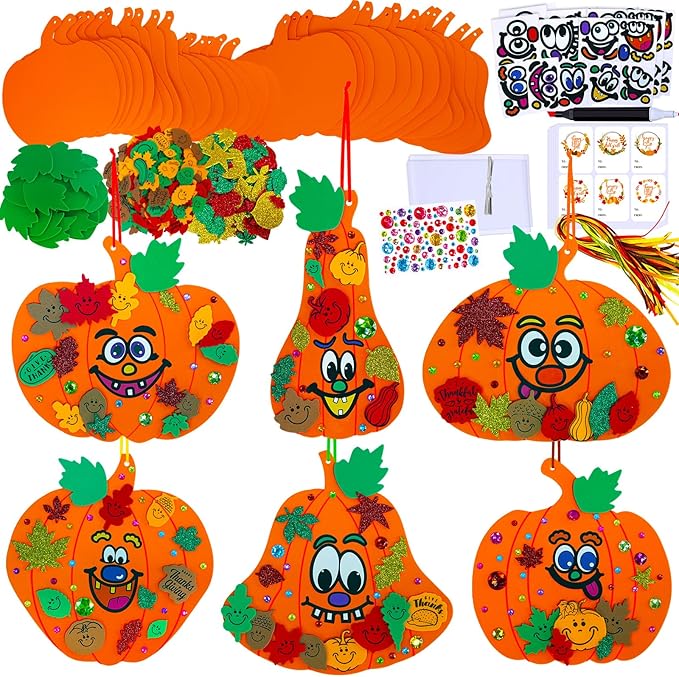 30 sets of fall Halloween pumpkin decorations. DIY Pumpkin Craft Kits Smile 8" wide foam pumpkin shapes. Fall Leaves Glitter Leaves Pumpkin Decorating Stickers for Kids' Classroom Party Activities