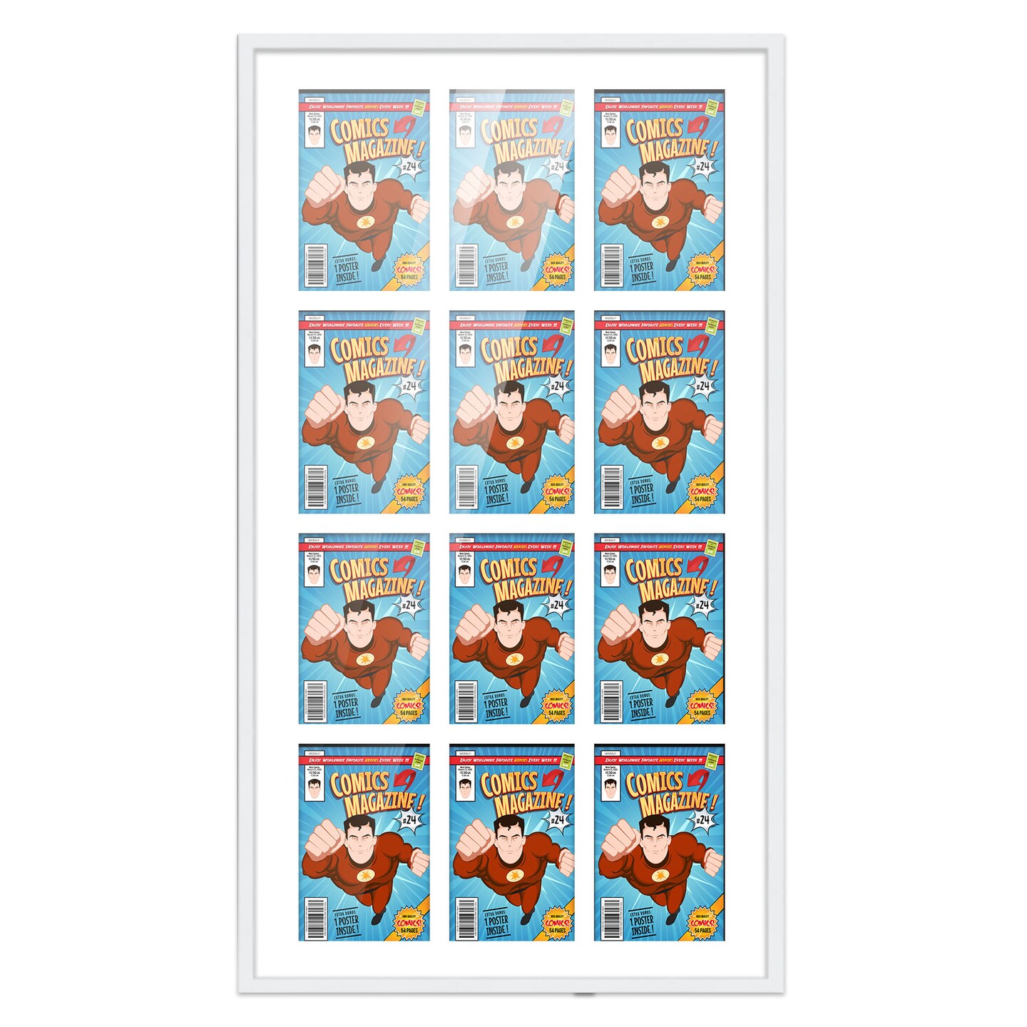 Comic Book Frame with Mat for 12 Golden Age Comics Published Between 1938 and 1956 - White Wood Comic Frame With White Mat for 7.75x10.5 Comics - 29x50.5 Frame Size