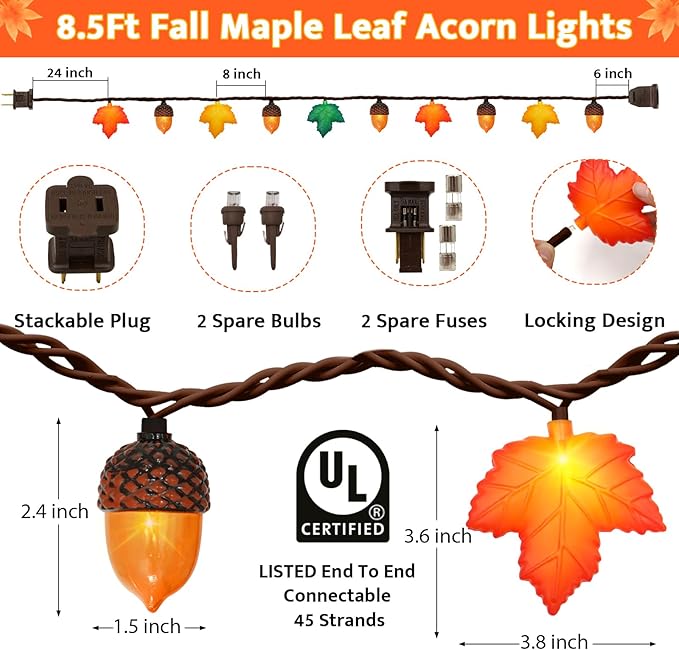 Fall Decor Maple Leaf Acorn LED String Lights, 8.5Ft 3D Maple Leaf Acorn Lights (10 PCS) Fall Lights Plug in for Home Indoor Fireplace Bedroom Outdoor Autumn Party Thanksgiving Harvest and Fall Decorations