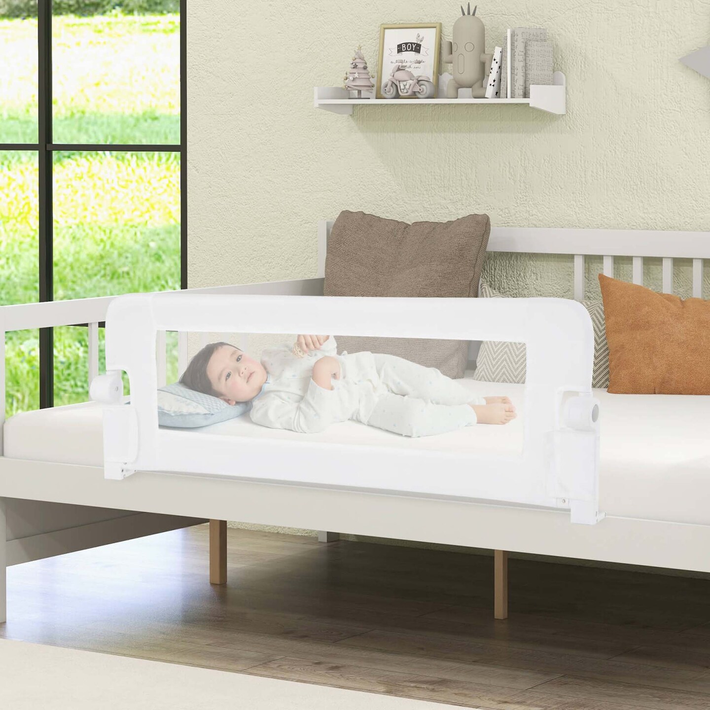 Costway 1/2 PCS 42" Toddler Foldable Bed Rail with Adjustable Safety Strap Bedrail Guard White