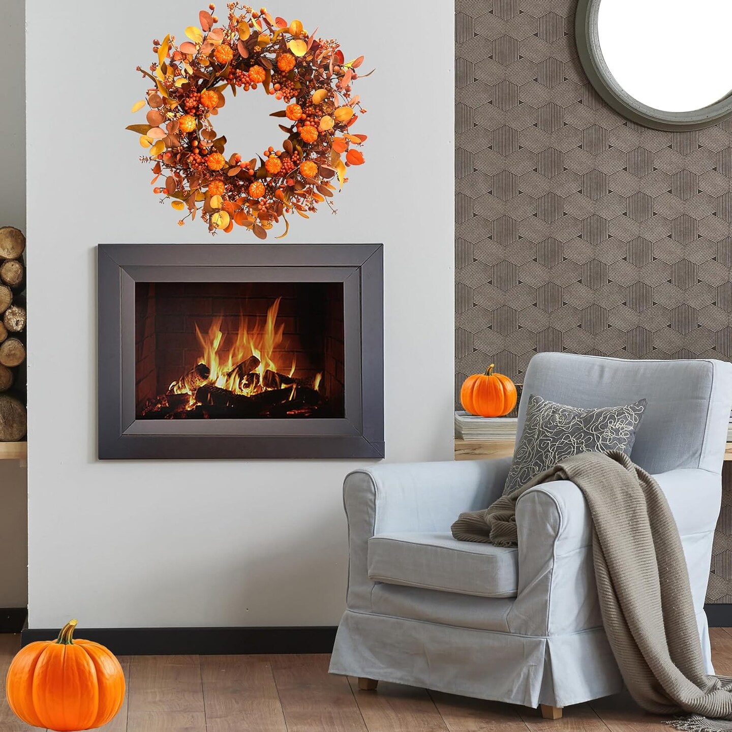 22 Inch Fall Wreath Artificial Pumpkin Wreaths for Front Door Autumn Door Wreath with Orange Eucalyptus Leaves Berries for Turkey Day Harvest Festival Indoor Outdoor Celebration