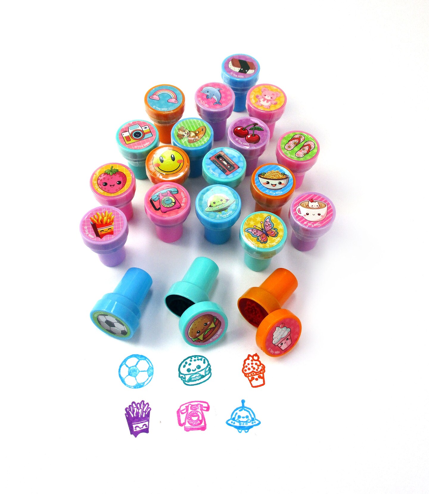 TINYMILLS 50 Pcs Assorted Kawaii Cute Stamps for Kids - Trendy Self-Ink Stamps for Birthday Party, Carnival, School &#x26; Rewards