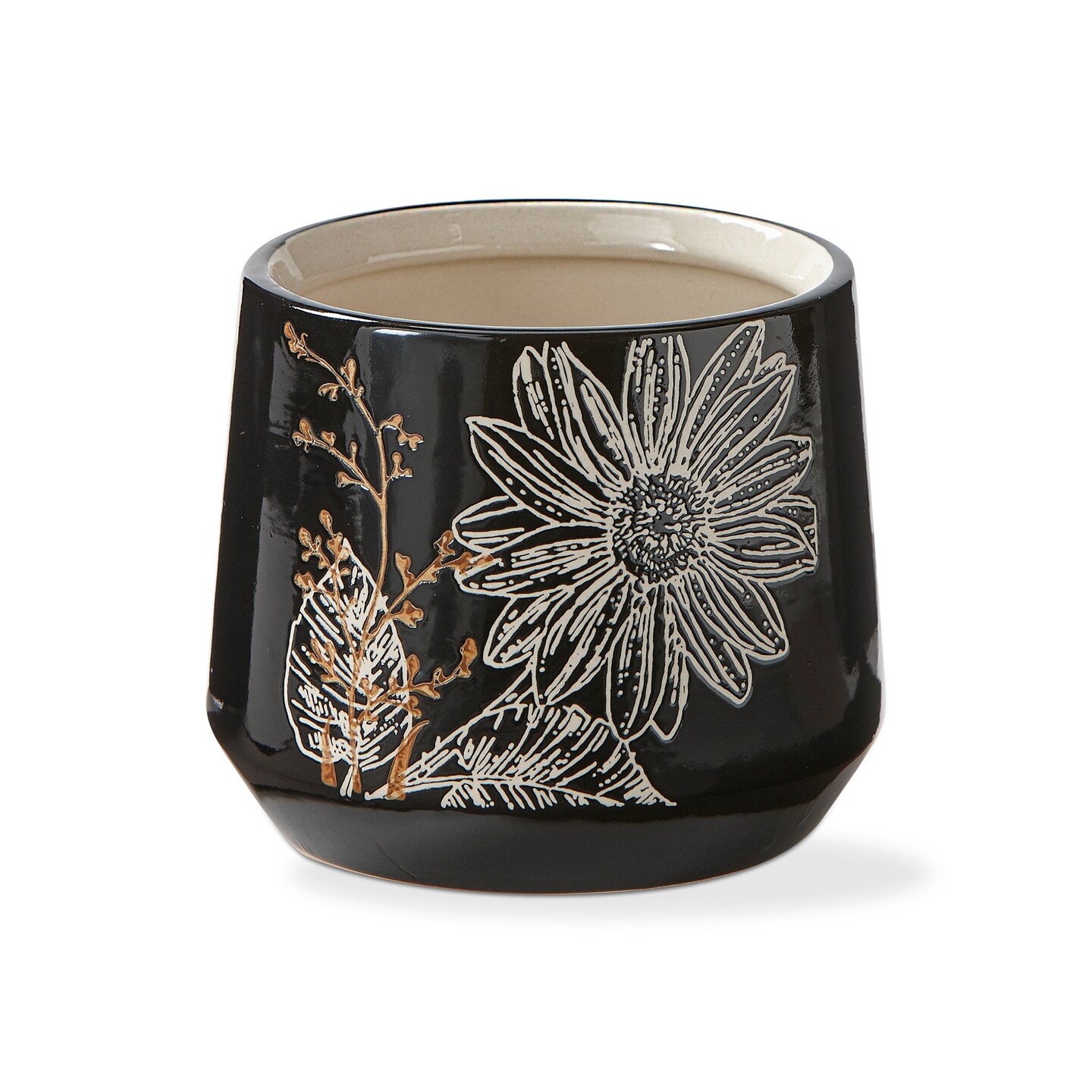 Let It Bee Flower Print Planter Large Glazed Black Stoneware, 5.38L x 5.38W x 4.48H inches, Holds Up to 4 inch Drop in Pot