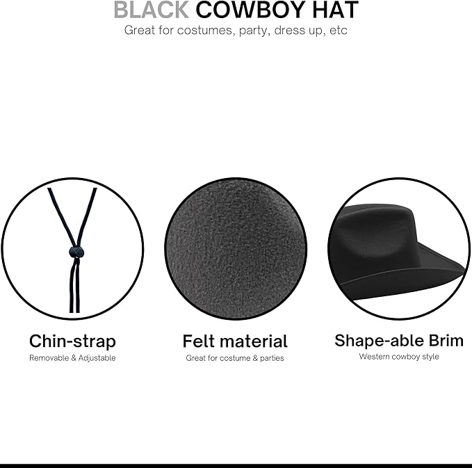 4E&#x27;s Novelty 4 Pack Black Cowboy Hat Party Pack (Kid Size) - Felt Cowgirl Hats for Girls, Boys, Teens