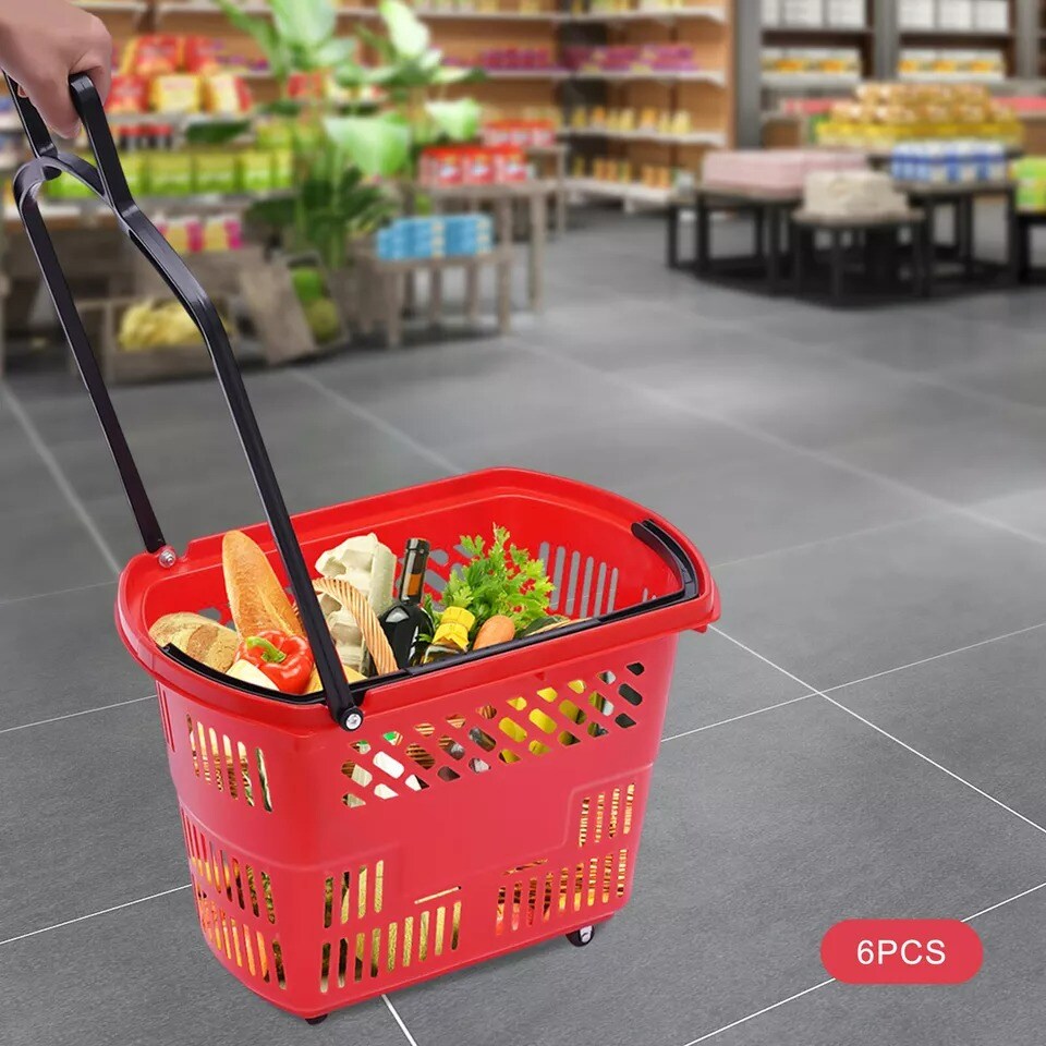 6Pcs Durable Red Rolling Shopping Basket with Wheels and Handle in Supermarkets