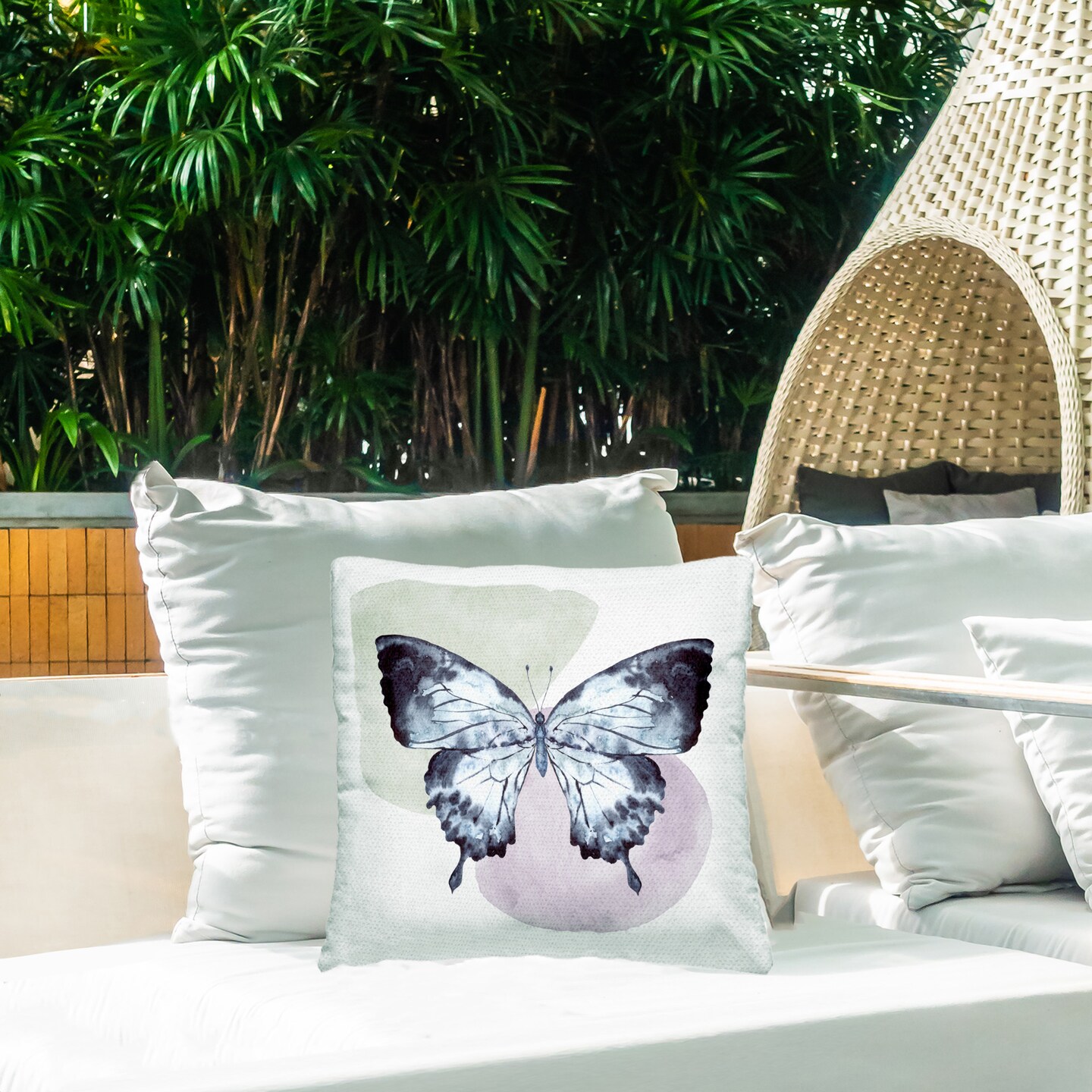 Butterfly on Simple Shapes Design by Kim Allen Outdoor Printed Pillow 