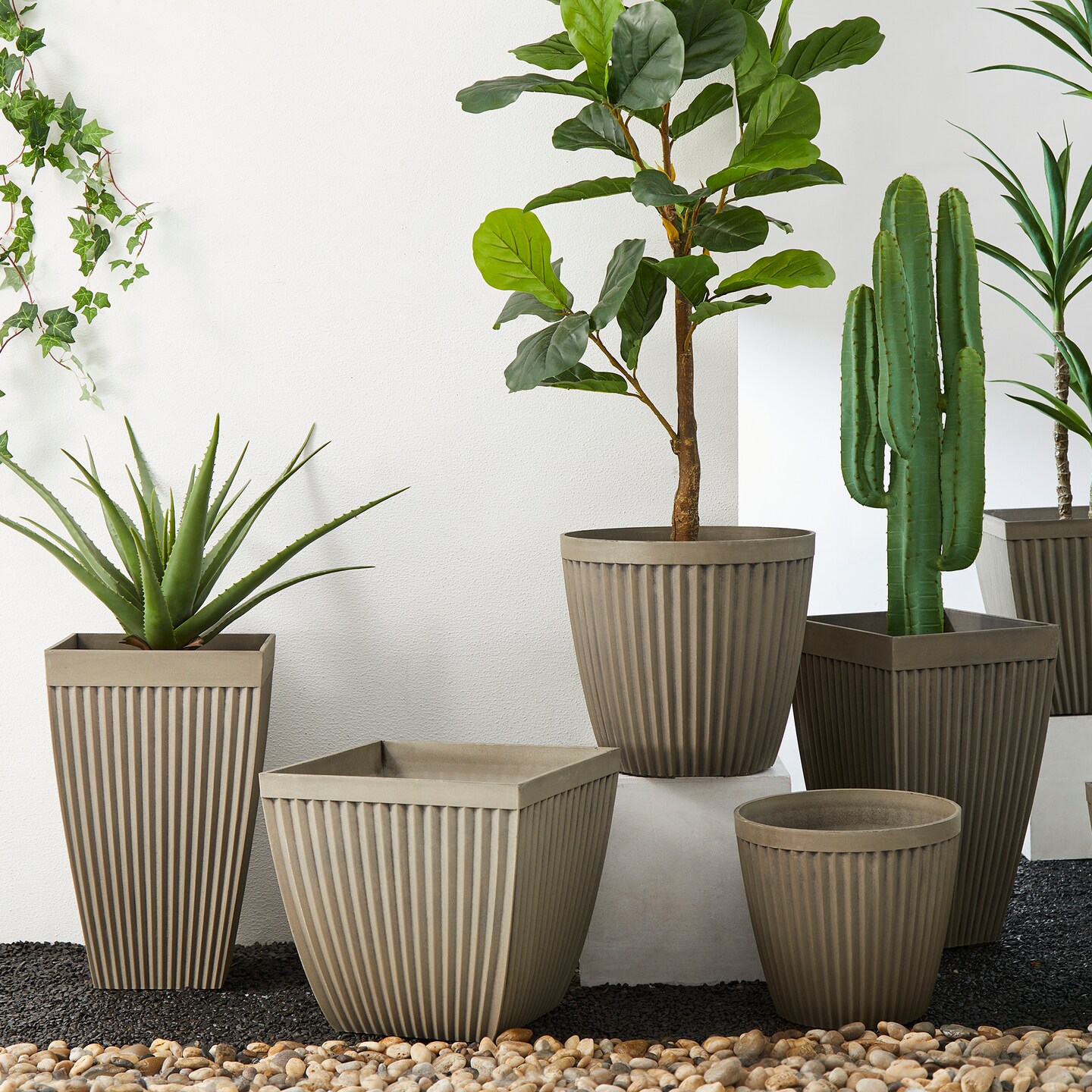 22.75&#x22;H Oversized Set of 2 Eco-Friendly PE and Stone Faux Fluted Textured Concrete Tall Planter