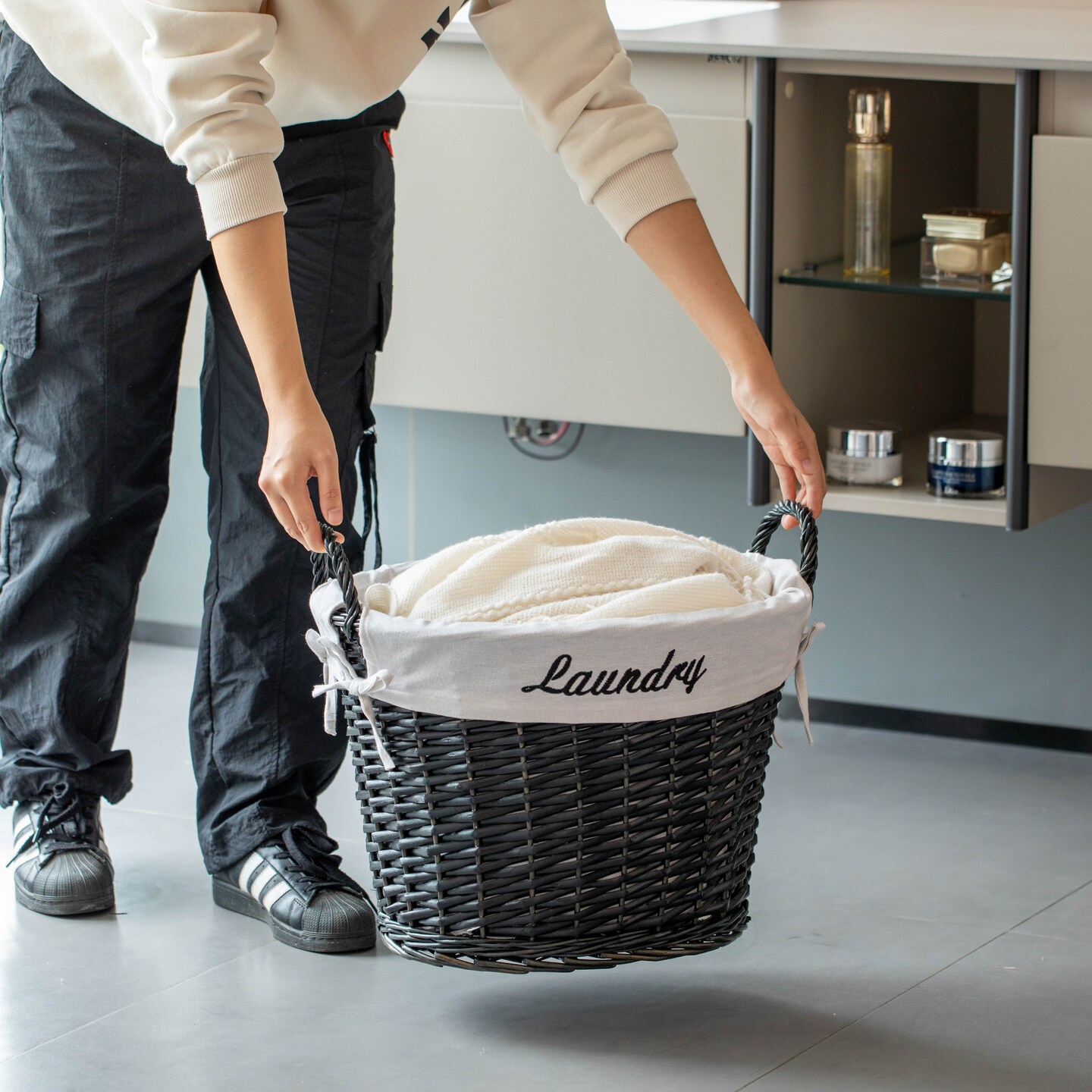 Wickerwise Handwoven Laundry Basket with Liner &#x26; Handles - Boho Decorative Storage Hamper for Clothes Blankets Pillows and Towels - Ideal for Laundry Room Bathroom Bedroom and Living Room