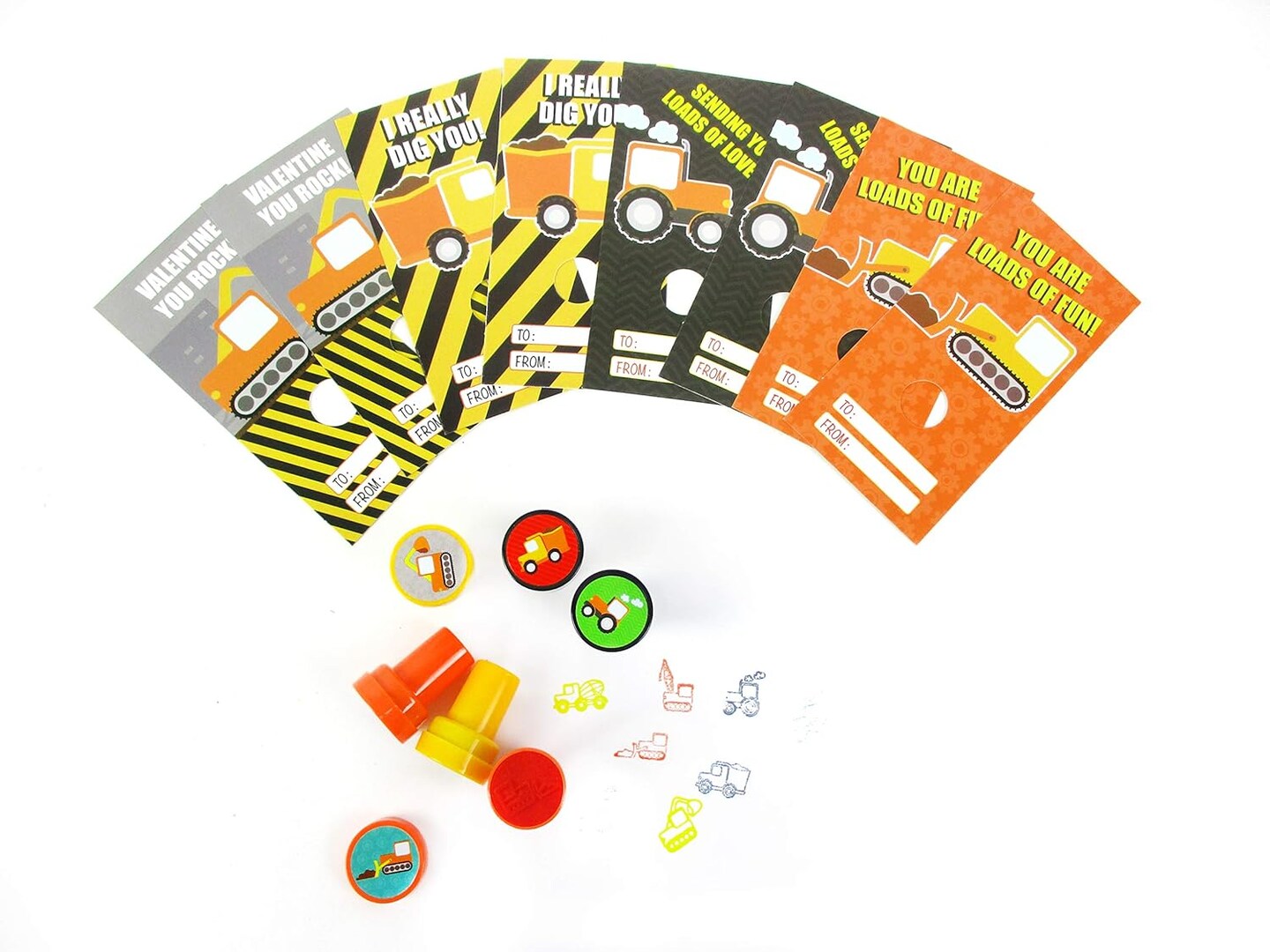 Tiny Mills 36 PACK Construction Valentine&#x27;s Day Cards with Construction Stampers for Valentine&#x27;s Day Classroom Exchange Party Favor Prizes