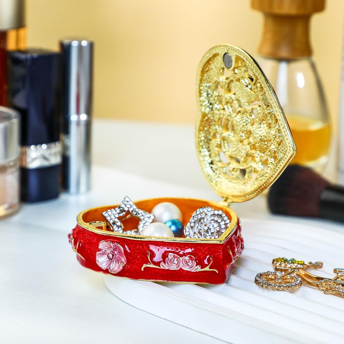 Vintage Heart Trinket Box Small Hinged Trinket Boxes Red Jewelry Trinket Box Jeweled Ring Box Gift for Girl Women