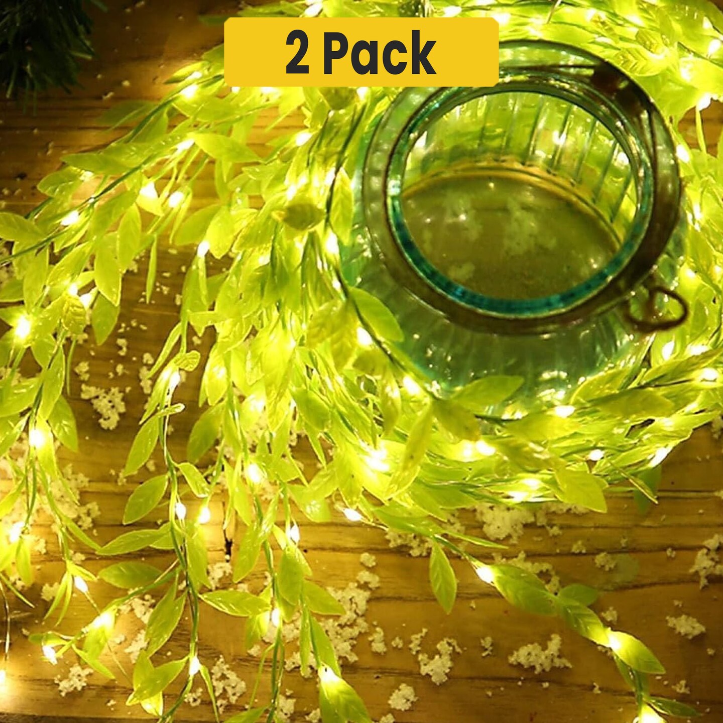 96 LED Green Leaf Vine Fairy Curtain Lights, Battery Operated, 5.2' x 2'