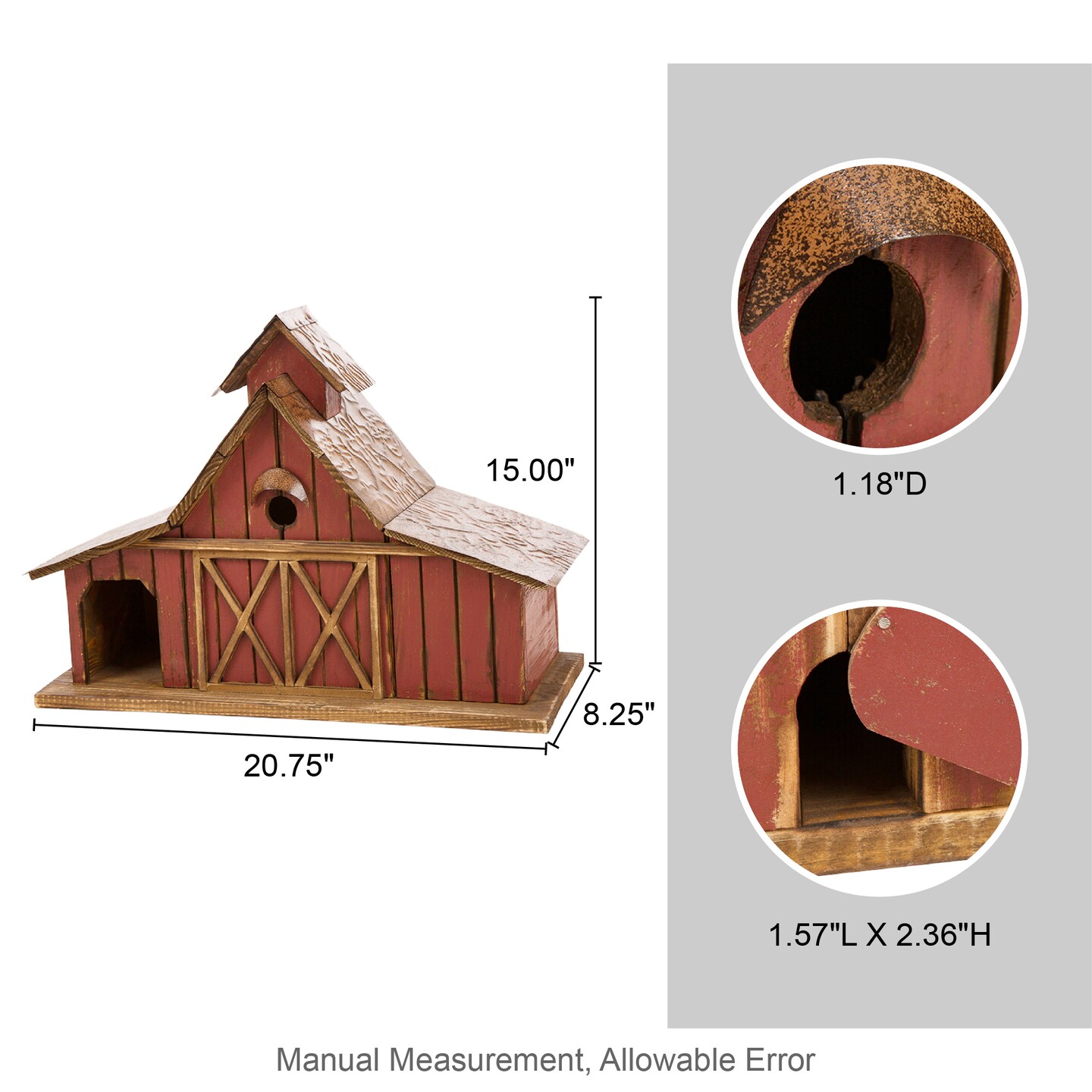 Set of 2 20.75"L Oversized Washed Red Distressed Solid Wood Barn Decorative Outdoor Garden Birdhouse