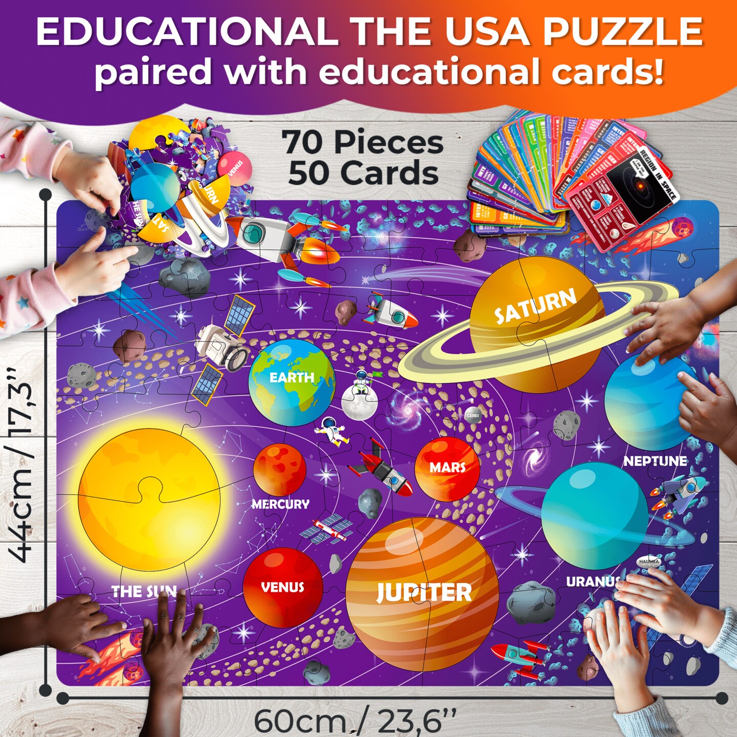 QUOKKA Solar System Puzzles for Kids Ages 4-6 - 70 Pcs Fun Kids Puzzles Ages 5-8 Preschool Floor Activities - Includes 50 Cards with 400+ Space Facts- Planet-Shaped Jigsaw Puzzle Gift for Girls Boys