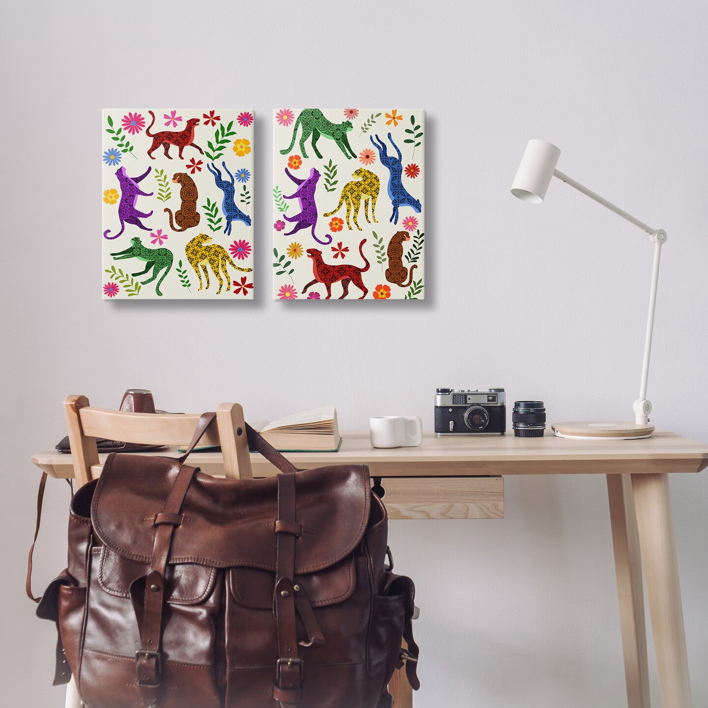 Stupell Industries Patterned Floral Jungle Cats 2 pc Canvas Wall Art Set Design by Regina Moore