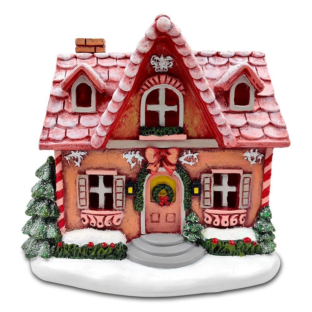 Sparkling Pink Winter Magic LED Gingerbread Home Figurine, 7&#x22; Lighted Christmas Decoration Decor
