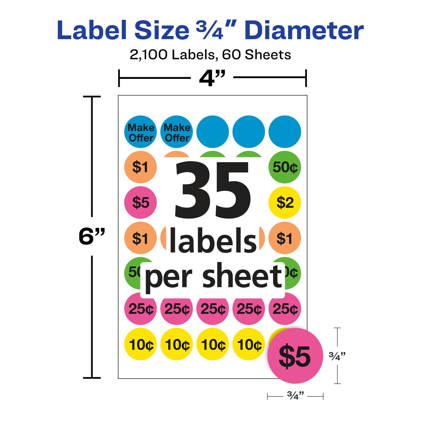 Avery Preprinted Removable Pricing Labels, 3/4 Inch Round Labels, Assorted Neon Colors, Non-Printable, 6 Packs, 2,100 Pricing Stickers Total (21918)