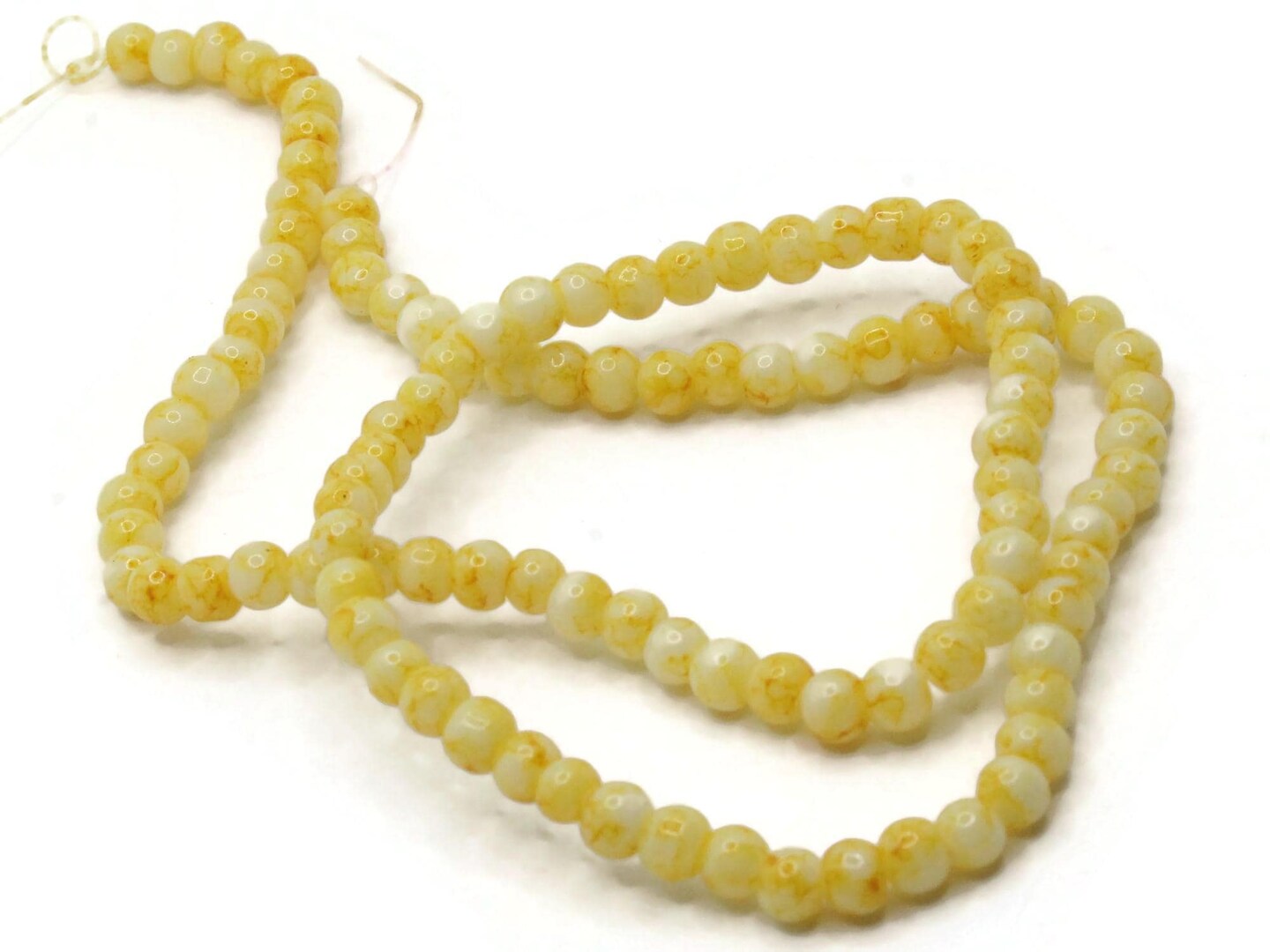 100 4mm White with Yellow Splatter Paint Smooth Round Glass Beads
