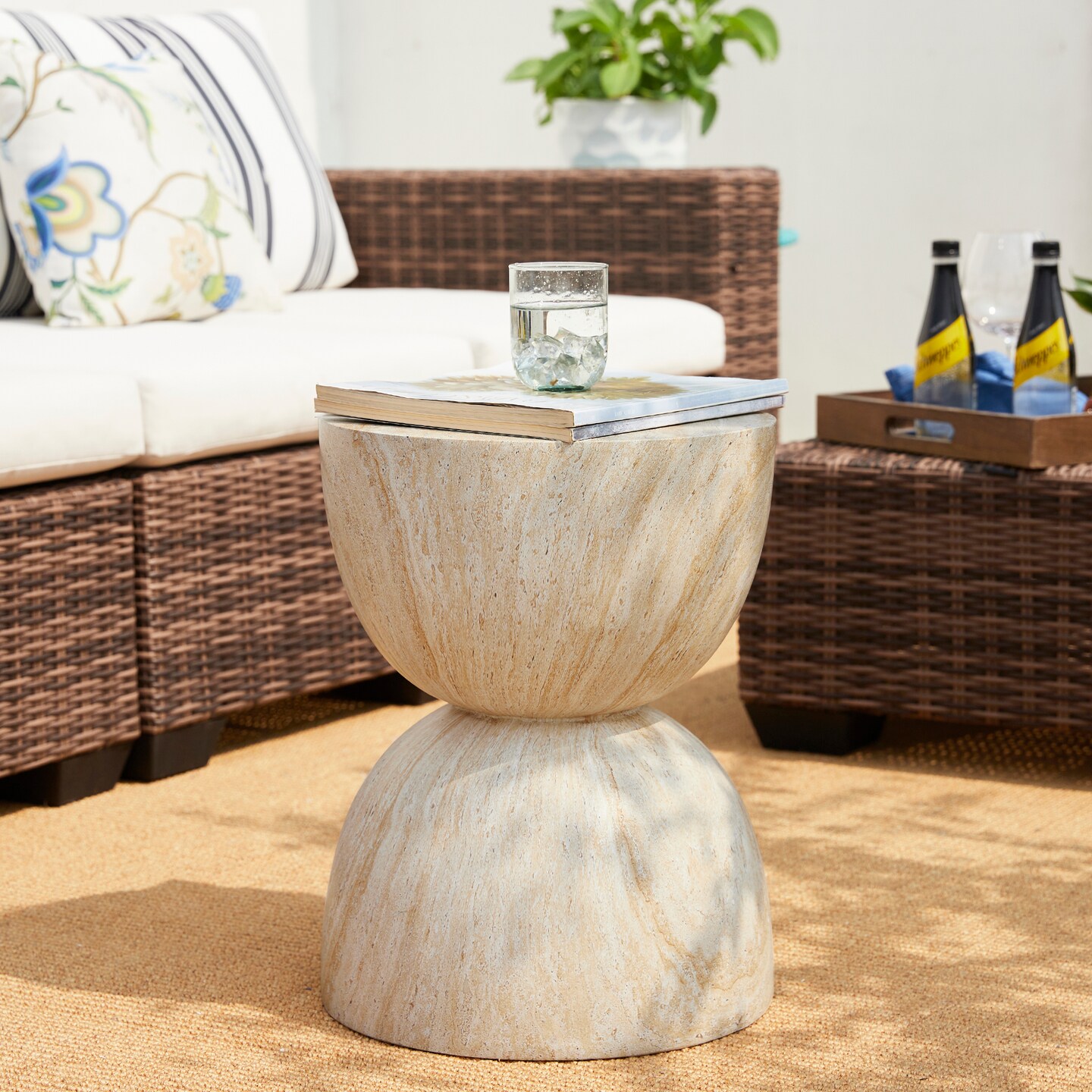 Set of 2 17.75"H Multi-functional MGO Hourglass-Style Faux Travertine Garden Stool or Planter Stand or Accent Table