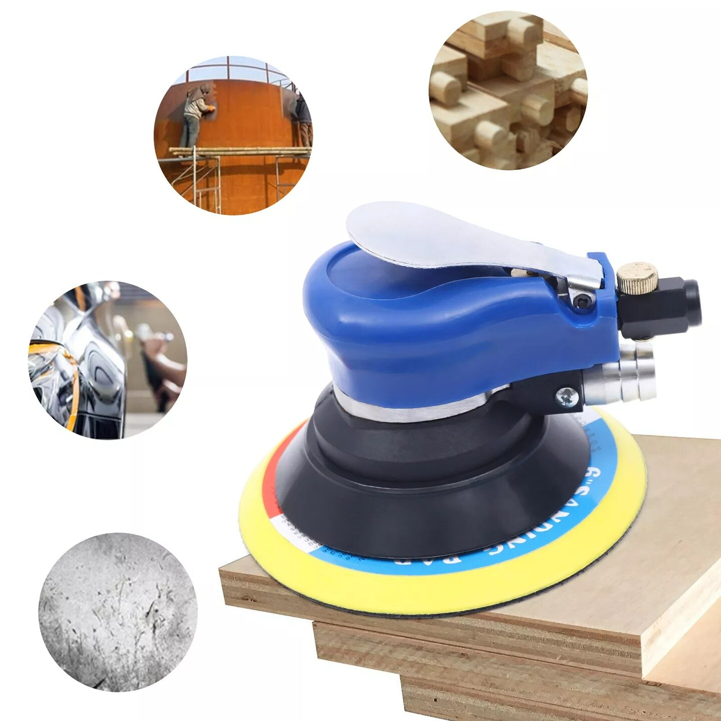 6&#x22; Air Palm Orbital Sander Tool Hand Sanding Pneumatic Round 10000 RPM Auto DIY