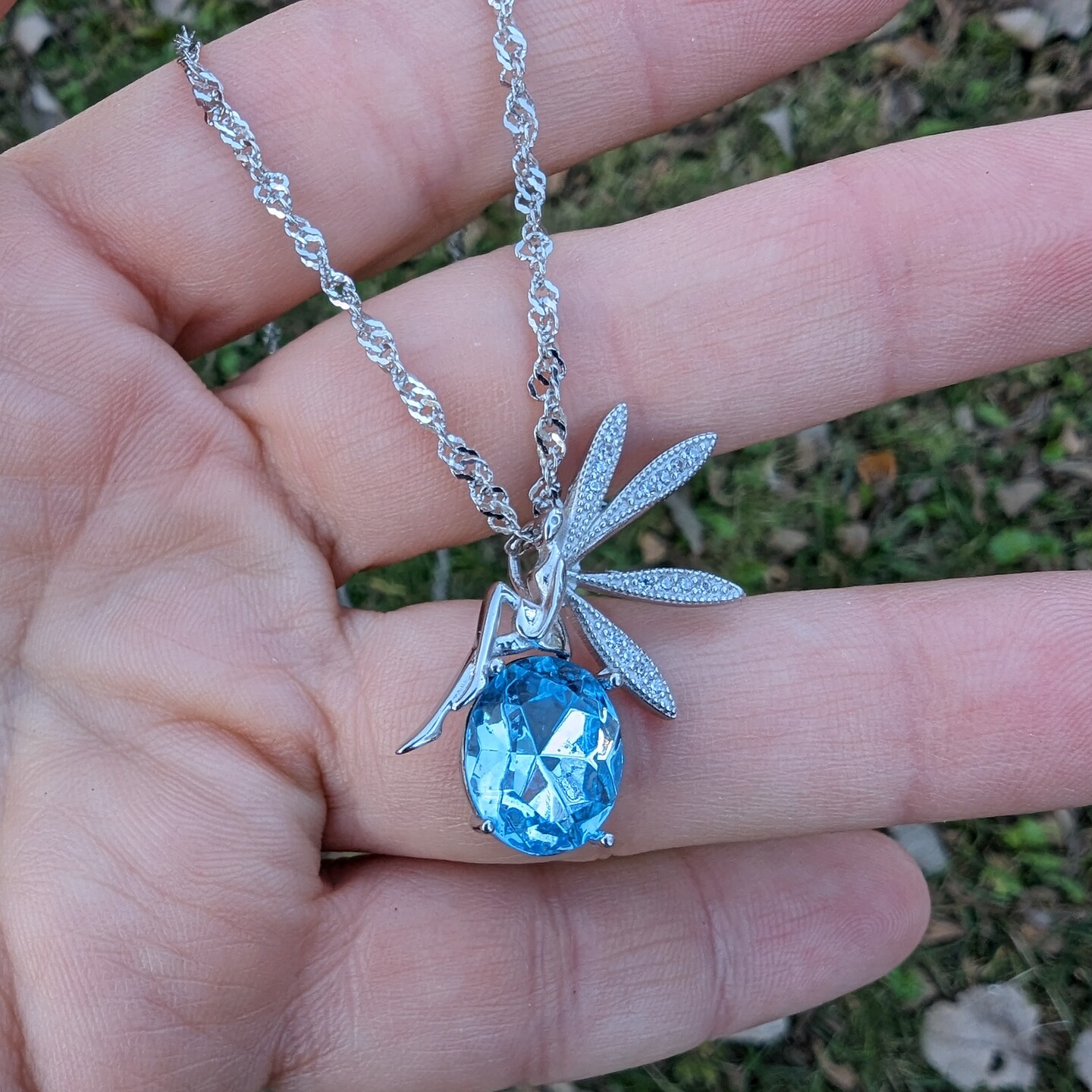 Sterling Silver Fairy Pendant with Swarovski Aquamarine Crystal, Fantasy  Jewelry, chain length: 18
