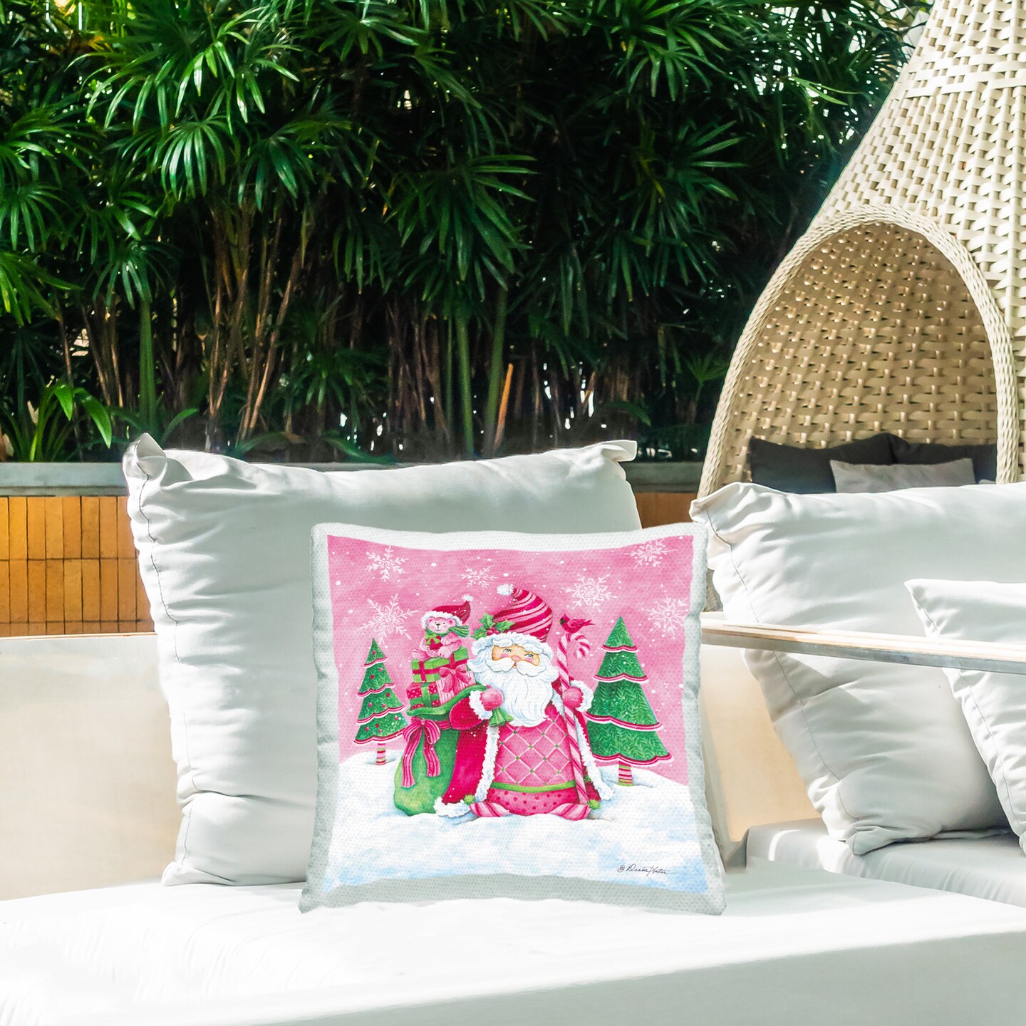 Pink Santa Snowscape Design by Diane Kater Outdoor Printed Pillow