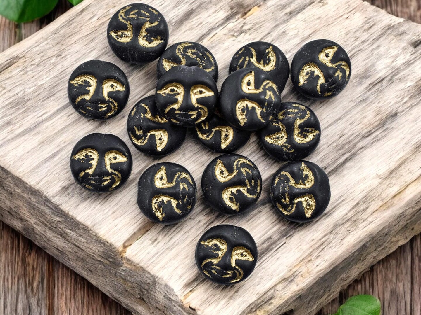 *15* 13mm Gold Washed Matte Jet Black Moon Face Coin Beads