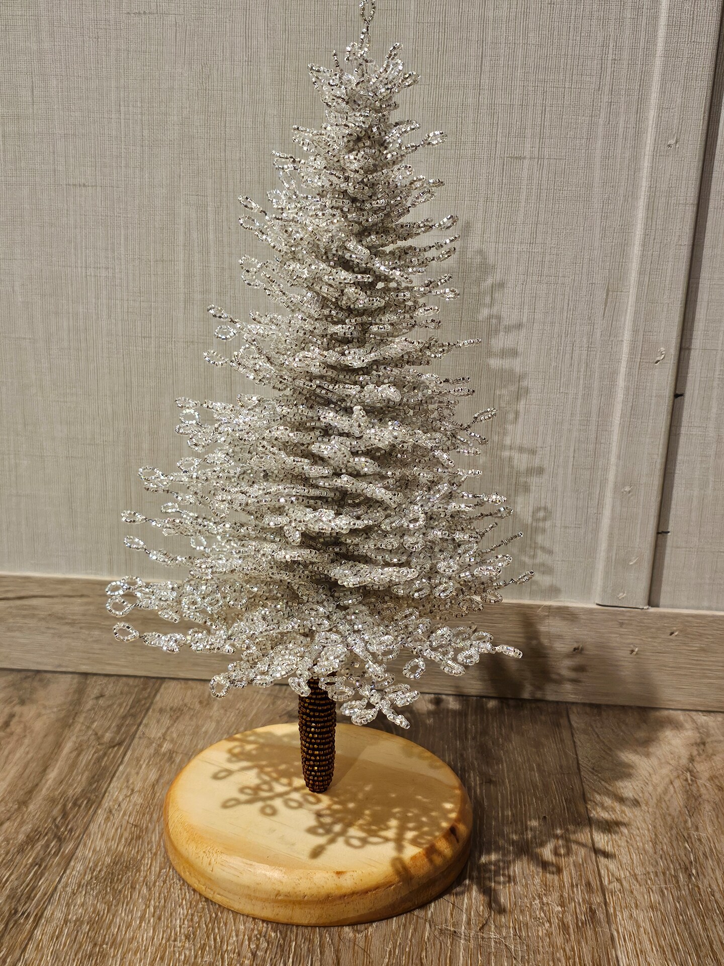 French Beaded flowers handmade glass beads silver Christmas tree with wooden base MakerPlace by Michaels