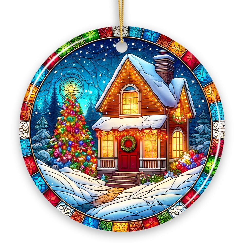 Snowy House Winter Scene Stained Glass Style Ceramic Ornament, Christmas Gift and Decor