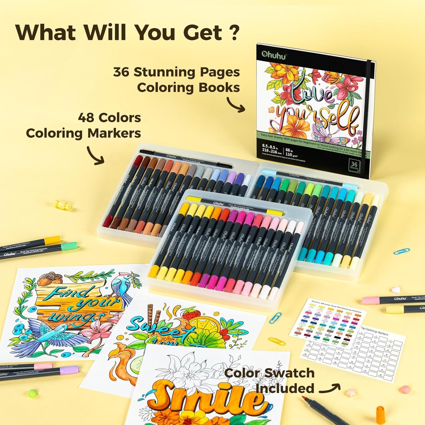 Ohuhu Markers Brush Tip 48-colors with 36-sheet Stress-Relief Coloring Book - Dual Tipped Markers for Adults Coloring Books - Art Marker Set Bundles with 100% Bleed-proof Coloring Pages - Fine &#x26; Brush
