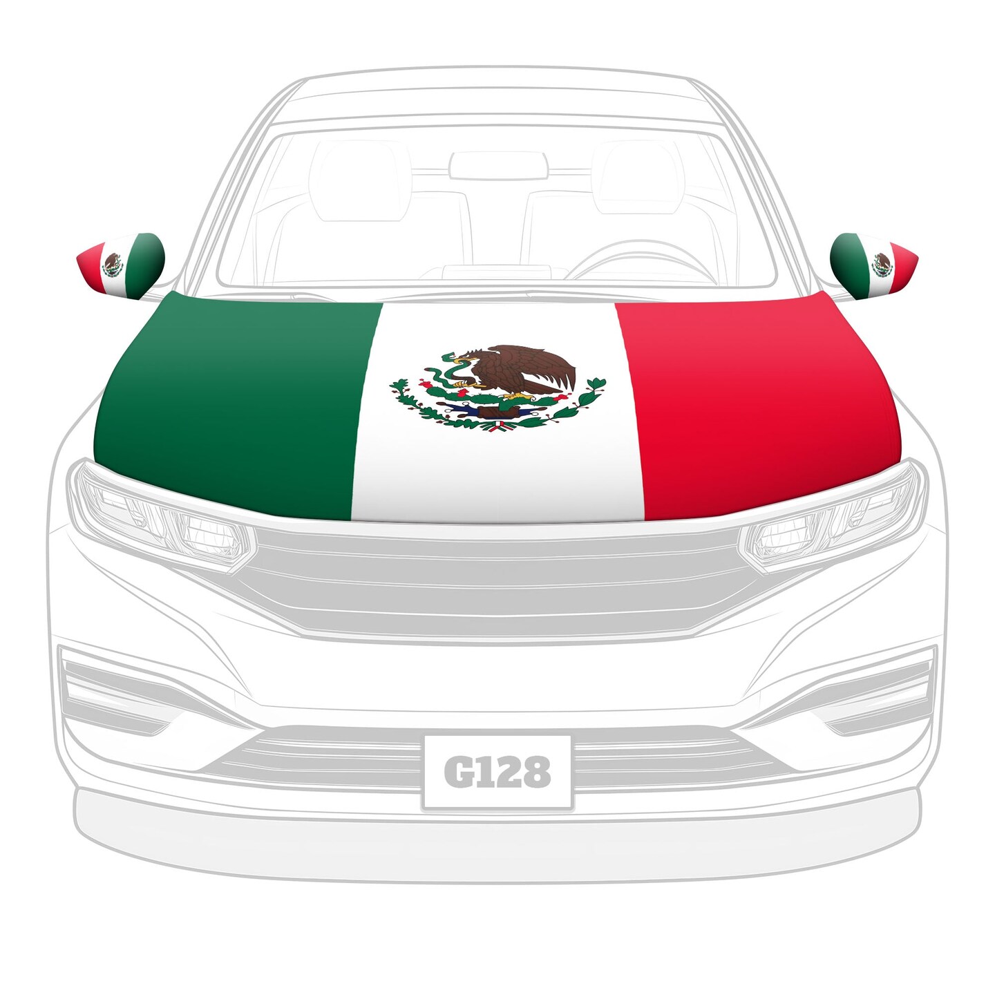 G128 Combo Pack: Mexico Mexican Car Hood Cover 3.94x5.25 Ft & 2PK Mexico Mexican Car Side View Mirror Cover 5.9x8.66 In | Both Washable Elastic Weatherproof Polyester | Show Your Enthusiasm and Pride