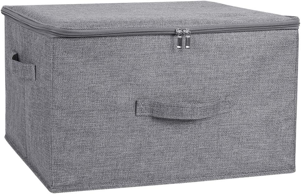 Storage Bins with Zipper Lid Storage Boxes with Handles PP Plastic Board Foldable Lidded Cotton Linen Fabric Home Cubes Baskets Closet Clothes Organizer Containers - Gray, Large Size