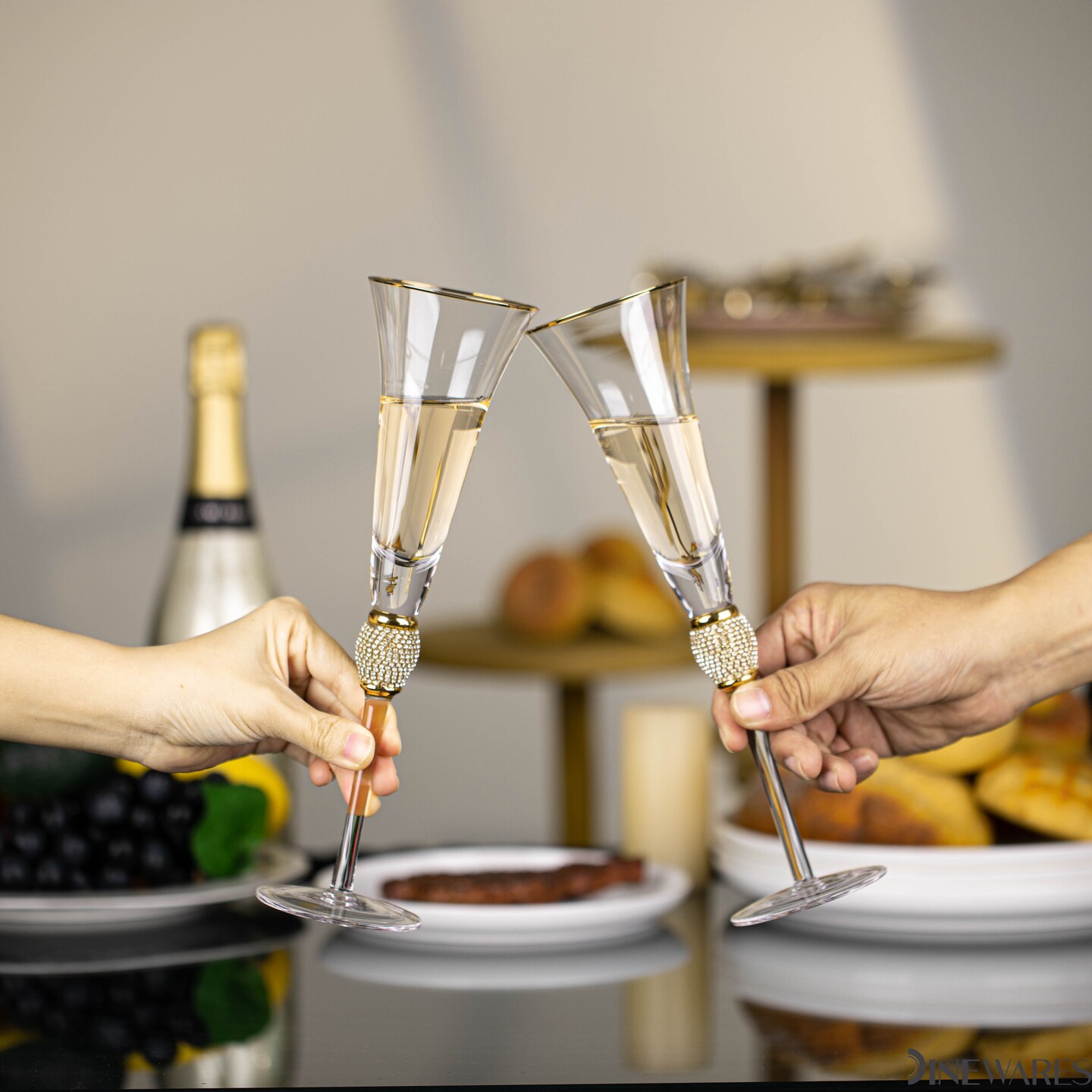 Elegant Crystal Set Wedding Champagne Glasses with Diamond Rhinestone Accents and a Polished Rim - 11 in Tall with Slender Long Stems, 7 oz - Chic Toasting Set for the Bride and Groom